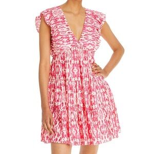 AQUA Printed Pink / White V Neck Dress